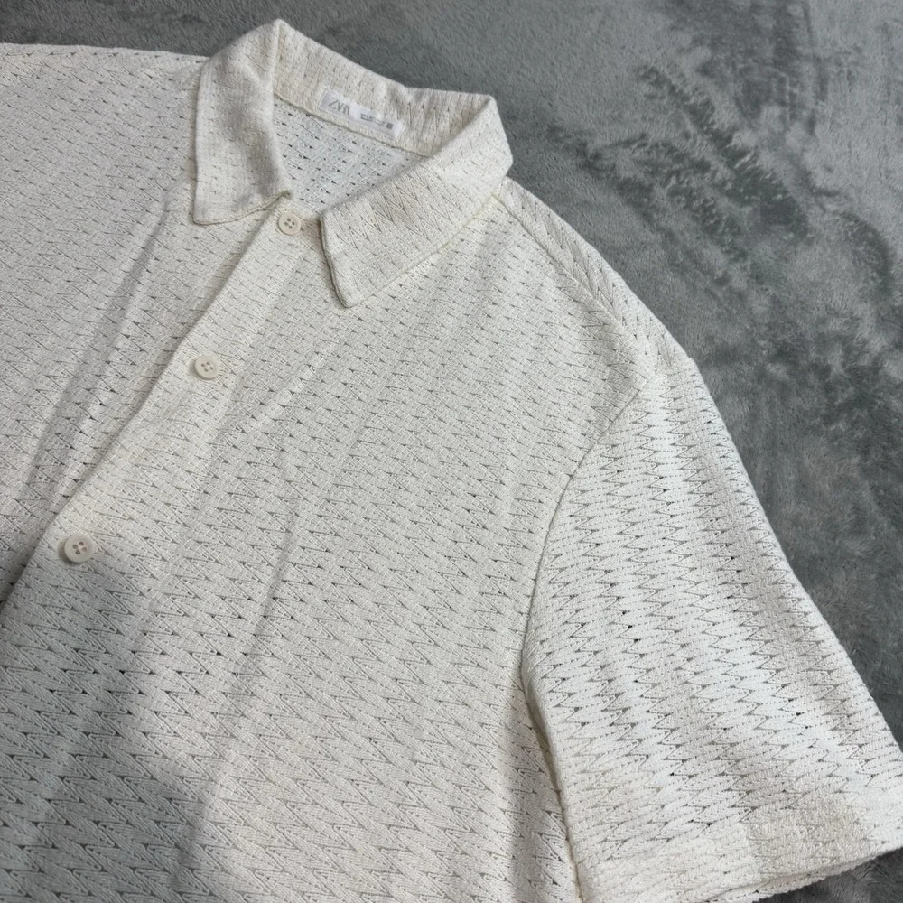 Zara Geometric Jacquard Button Shirt Mens L White Coastal Summer Beach Boho